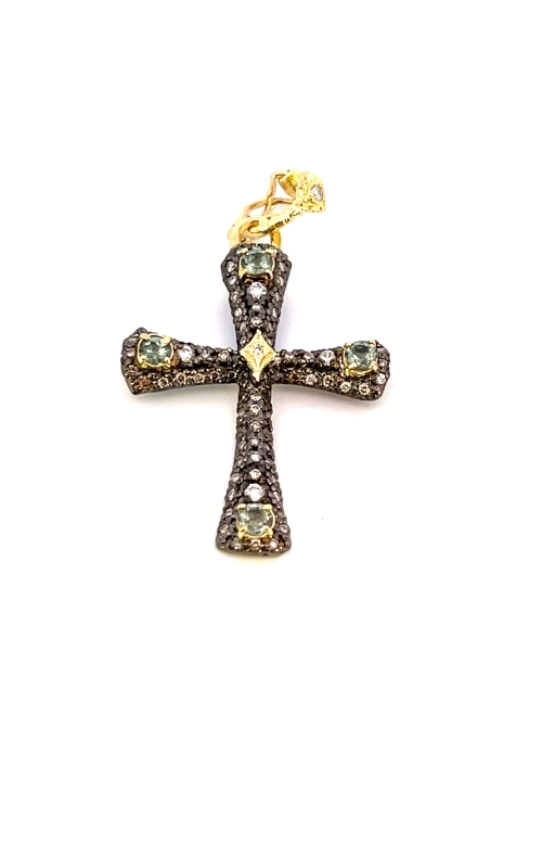 18K Yellow Gold and Sterling Silver (925) Cross and Gemstone Necklace